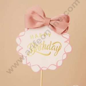 CAKE DECOR™ 5 Inch Imported Printed Cake and Cupcake Topper - Happy Birthday Pink Bow (SBMT-IMP-031)