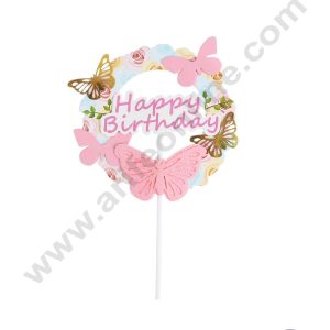 CAKE DECOR™ 5 Inch Imported Printed Cake and Cupcake Topper - Happy Birthday Floral 3D Pink Gold Butterfly (SBMT-IMP-034-P)