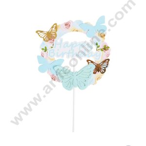 CAKE DECOR™ 5 Inch Imported Printed Cake and Cupcake Topper - Happy Birthday Floral 3D Blue Gold Butterfly (SBMT-IMP-034-BL)