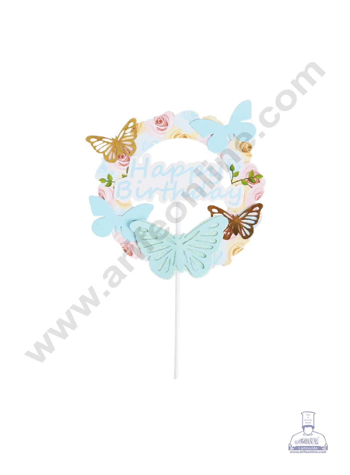 CAKE DECORβ’ 5 Inch Imported Printed Cake and Cupcake Topper - Happy Birthday Floral 3D Blue Gold Butterfly (SBMT-IMP-034-BL)