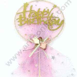CAKE DECOR™ 5 Inch Imported Cake and Cupcake Topper - Happy Birthday Pink Mesh/Net with Flower Bow and Star (SBMT-IMP-036-P)