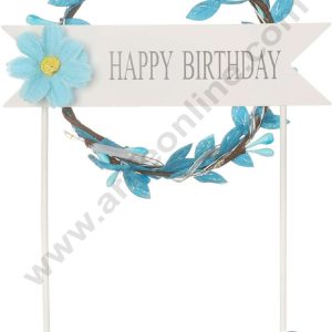 CAKE DECOR™ 5 Inch Imported Cake and Cupcake Topper - Happy Birthday Blue Wreath | Round Garland with Led Lights (SBMT-IMP-037-Blue)