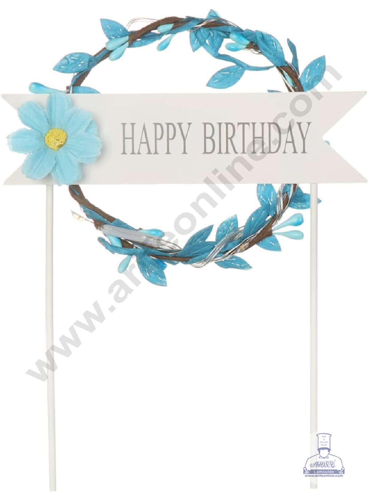 CAKE DECOR™ 5 Inch Imported Cake and Cupcake Topper - Happy Birthday Blue Wreath | Round Garland with Led Lights (SBMT-IMP-037-Blue)