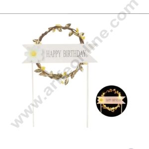 CAKE DECOR™ 5 Inch Imported Cake and Cupcake Topper - Happy Birthday Gold Wreath | Round Garland with Led Lights (SBMT-IMP-037-Gold)