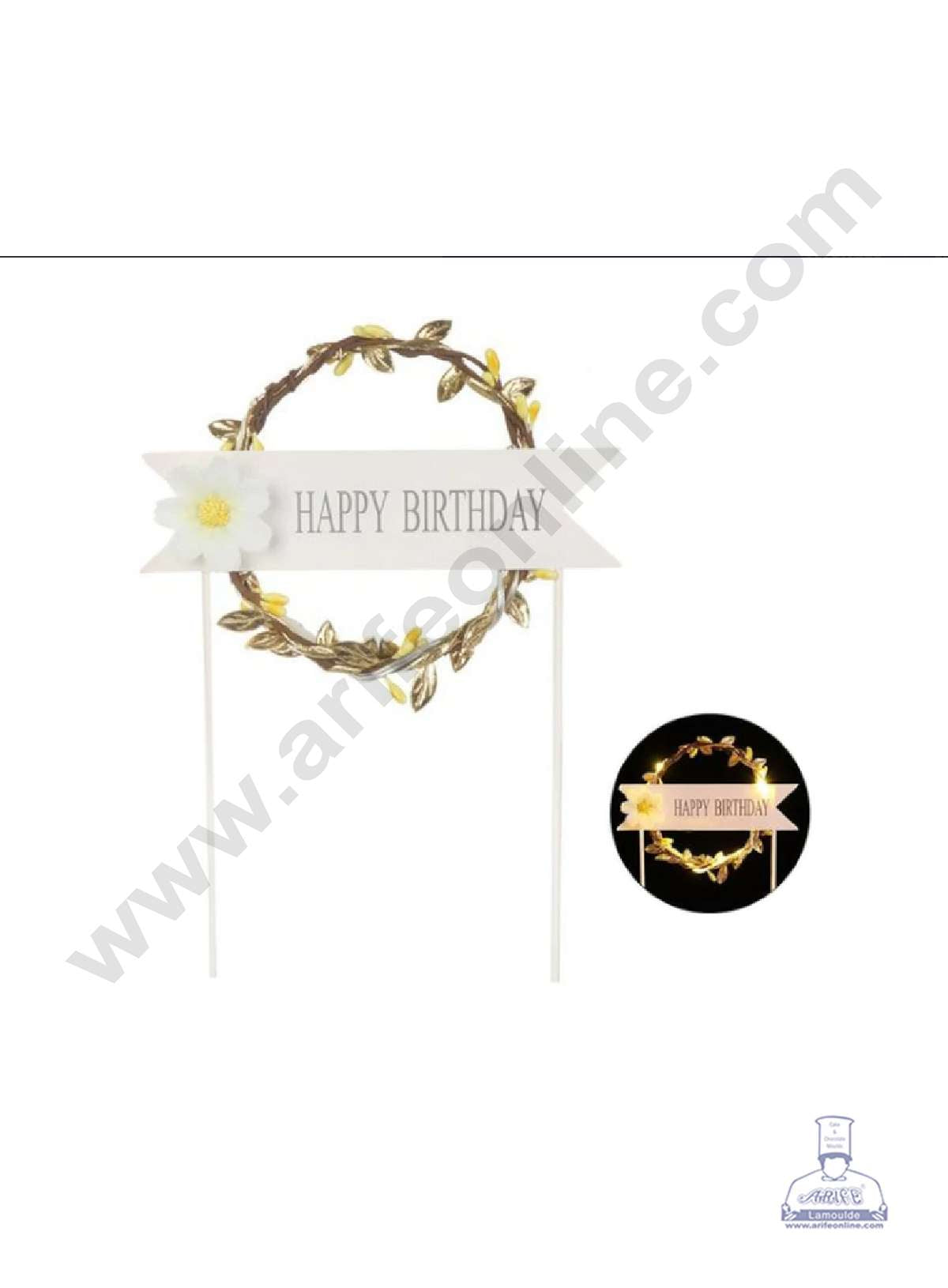 CAKE DECORβ’ 5 Inch Imported Cake and Cupcake Topper - Happy Birthday Gold Wreath | Round Garland with Led Lights (SBMT-IMP-037-Gold)