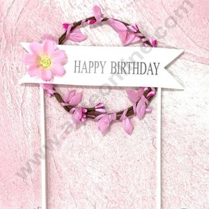 CAKE DECOR™ 5 Inch Imported Cake and Cupcake Topper - Happy Birthday Pink Wreath | Round Garland with Led Lights (SBMT-IMP-037-Pink)