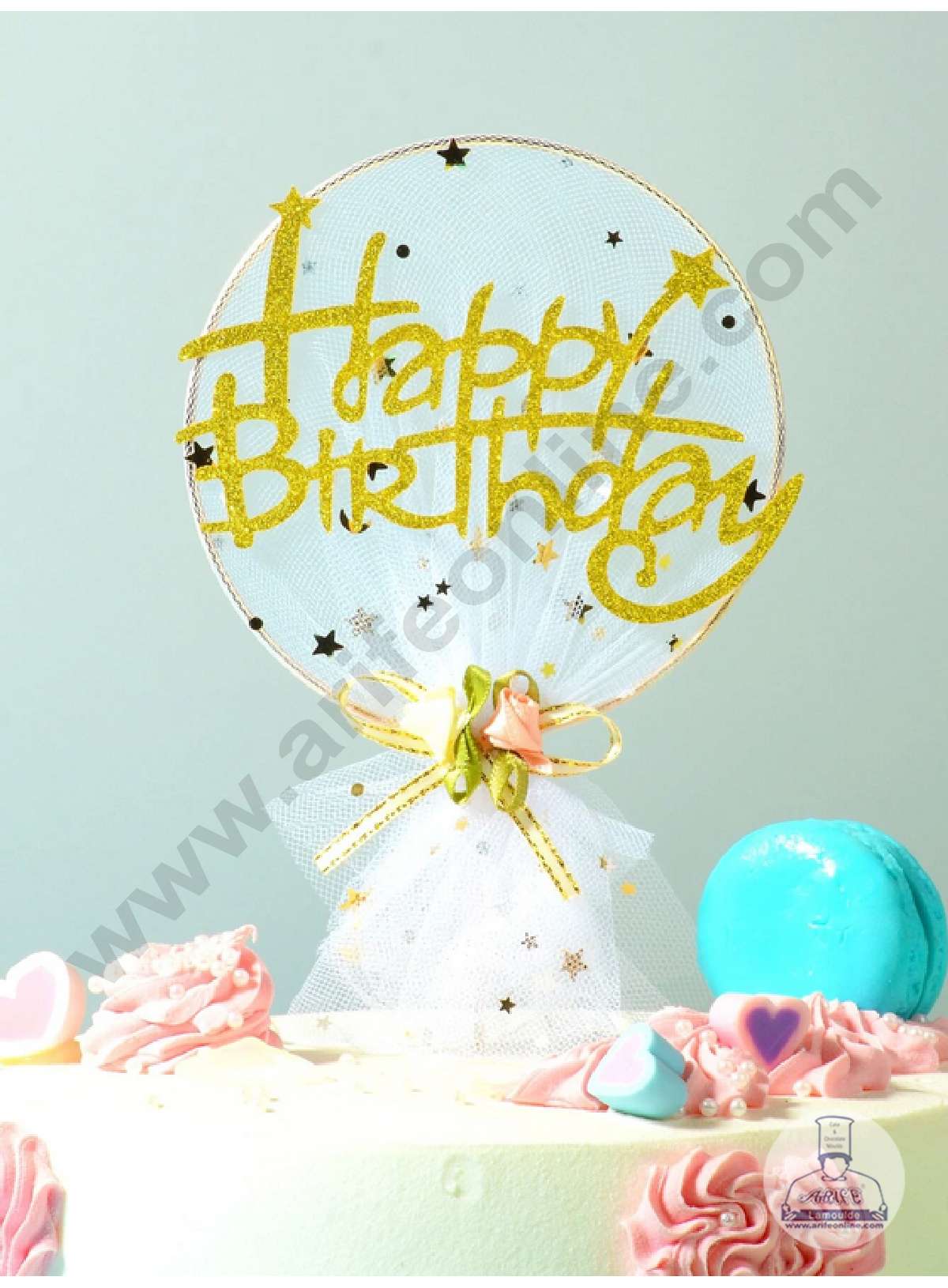 CAKE DECORβ’ 5 Inch Imported Cake and Cupcake Topper - Happy Birthday White Mesh/Net with Flower Bow and Star (SBMT-IMP-036-W)