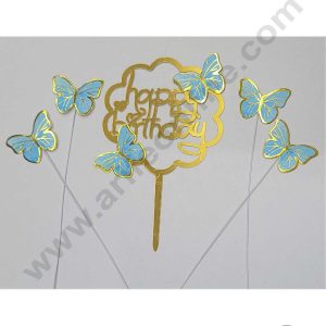 CAKE DECORβ’ 5 Inch Printed Imported Cake and Cupcake Topper - Happy Birthday Set of 4 Piece Blue Butterfly and 1 Piece Acrylic Happy Birthday Topper (SBMT-IMP-038-Blue)