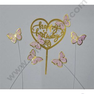 CAKE DECORβ’ 5 Inch Printed Imported Cake and Cupcake Topper - Happy Birthday Set of 4 Piece Pink Butterfly and 1 Piece Acrylic Happy Birthday Topper (SBMT-IMP-038-Pink)