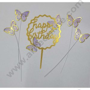 CAKE DECORβ’ 5 Inch Printed Imported Cake and Cupcake Topper - Happy Birthday Set of 4 Piece Purple Butterfly and 1 Piece Acrylic Happy Birthday Topper (SBMT-IMP-038-Purple)