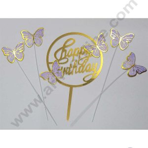 CAKE DECORβ’ 5 Inch Printed Imported Cake and Cupcake Topper - Happy Birthday Set of 4 Piece Purple Butterfly and 1 Piece Acrylic Happy Birthday Topper (SBMT-IMP-038-Purple-01)