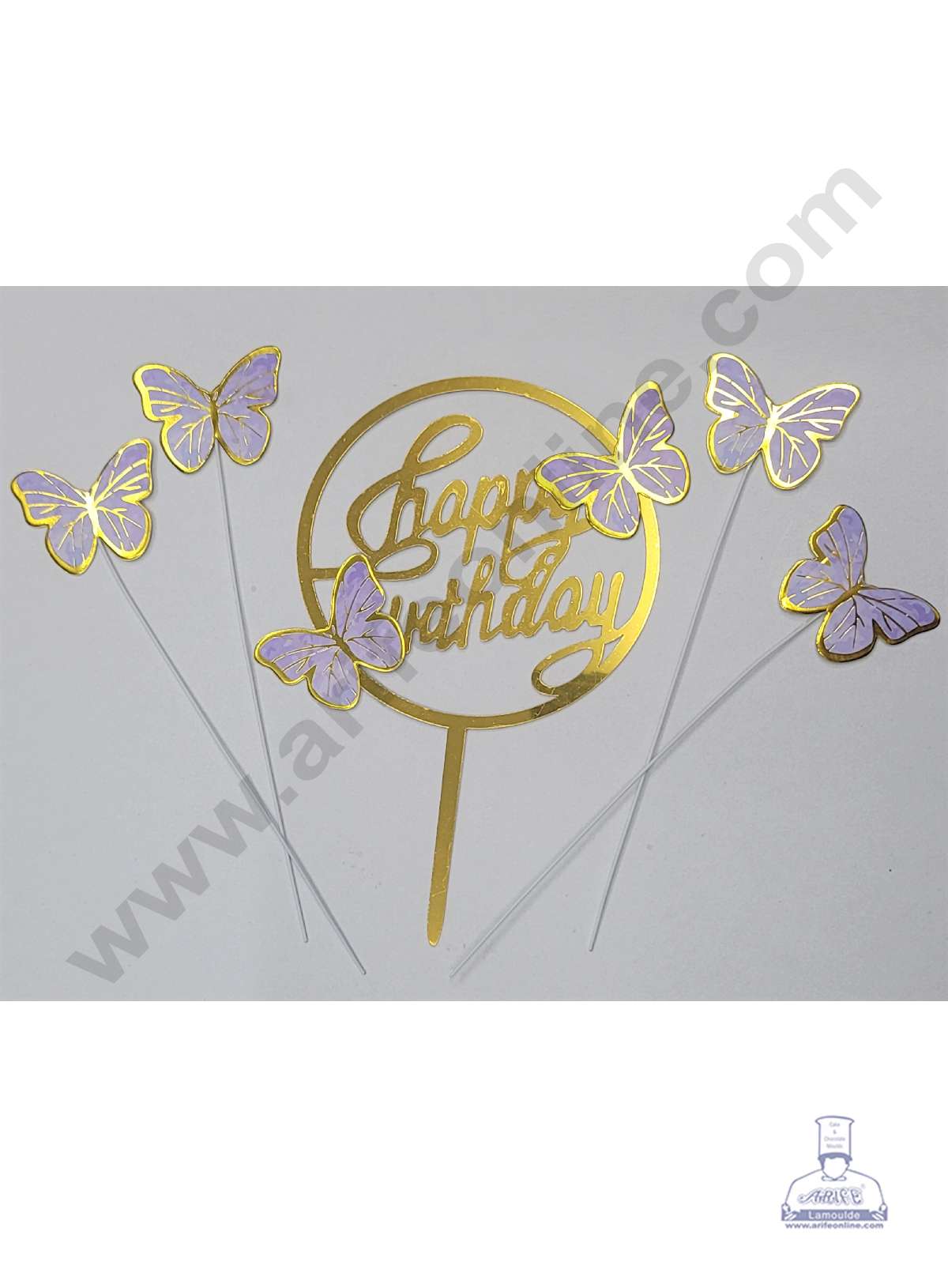 CAKE DECOR™ 5 Inch Printed Imported Cake and Cupcake Topper - Happy Birthday Set of 4 Piece Purple Butterfly and 1 Piece Acrylic Happy Birthday Topper (SBMT-IMP-038-Purple-01)
