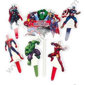 CAKE DECOR™ 6 pcs Happy Birthday Avengers Theme Paper Topper For Cake And Cupcake (SBMT-PT-096)