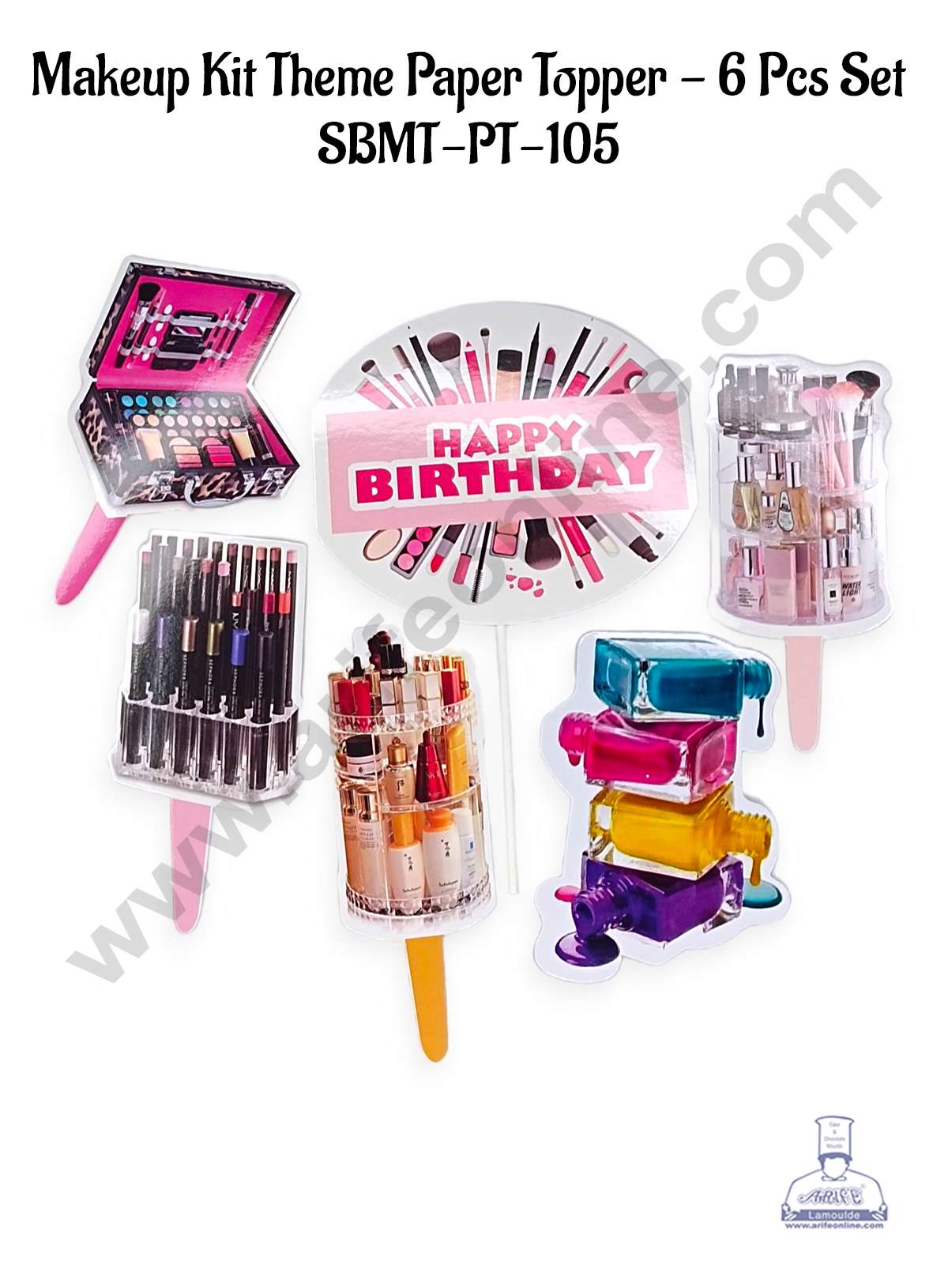 CAKE DECOR™ 5 pcs Happy Birthday Makeup kit Theme Paper Topper For Cake And Cupcake (SBMT-PT-105)