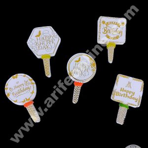 CAKE DECOR™ 100 pcs White Golden Happy Birthday Mix Designs Paper Topper For Cake And Cupcake (SBMT-PT-137)