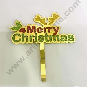 CAKE DECOR™ 5 inch Acrylic Glitter Merry Christmas with Reindeer Horns & Leaf Cake Topper Cake Decoration (SBMT-G-6059)