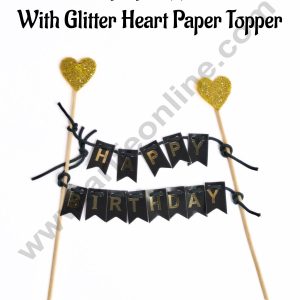Black Hanging Happy Birthday With Glitter Heart Paper Topper For Cake( 1pc ) CAKE DECOR™