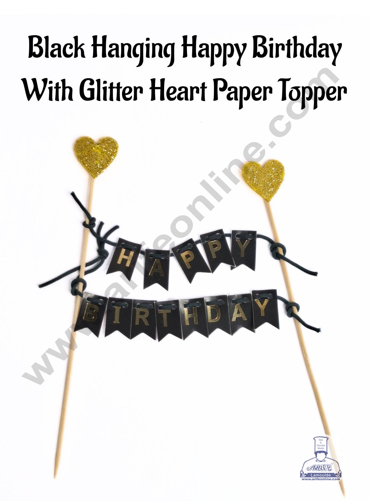 Black Hanging Happy Birthday With Glitter Heart Paper Topper For Cake( 1pc ) CAKE DECORβ’