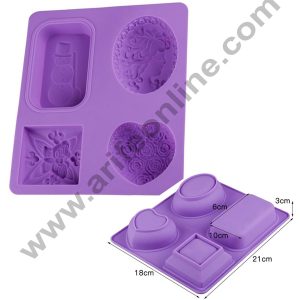 Cake Decor 4 Cavity Heart, Rectangle, Oval, Square with Butterfly Silicone Moulds for Soaps and Chocolate Jelly Desserts Mould