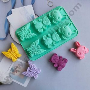 CAKE DECORβ’ 6 Cavity Silicone moulds for Soaps, Chocolate Jelly Desserts All Purpose Baking Mould(Butterfly, Bear and Rabbit face Shape)