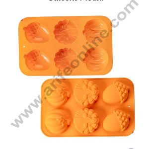 CAKE DECOR™ 6 Cavity Pumpkin, Nuts & Peacock Shape Silicone Mould | Jelly & Soap Mould | Baking Mould - SBSM-ck10-294