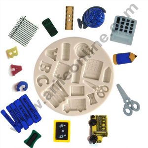 Cake Decor Silicon 14 Cavity School Bus Globe Scale Calculator Pencil Sharpener Books Silicone Fondant Mould Marzipan Mould