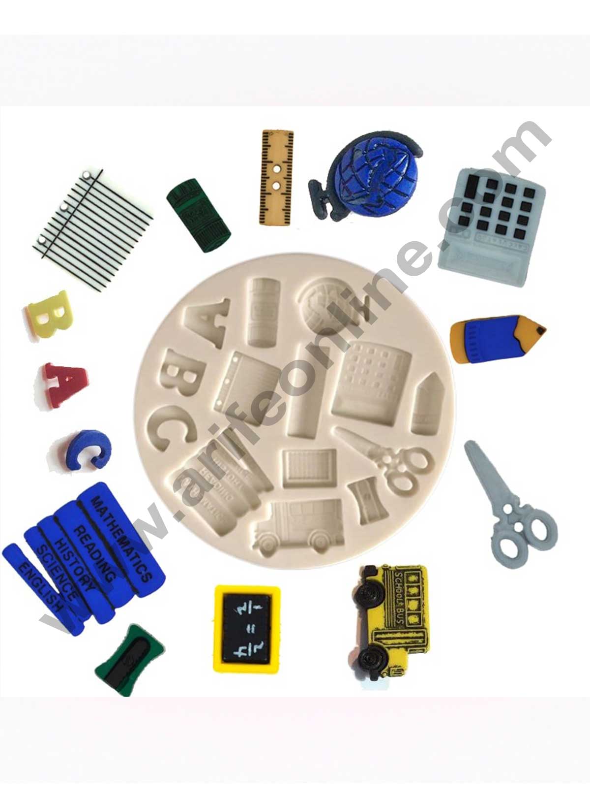 Cake Decor Silicon 14 Cavity School Bus Globe Scale Calculator Pencil Sharpener Books Silicone Fondant Mould Marzipan Mould