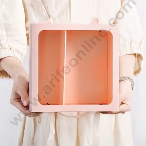 Square Peach Sliding Hamper Box With Partition & Ribbons For Handle 1 Pcs Pack - CAKE DECOR™