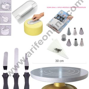 Cake Decor Combo - Turn Table 12 inch, Icing bag with 6 pcs Nozzle Set, 3 pc Palette Knife, Cake Smoother