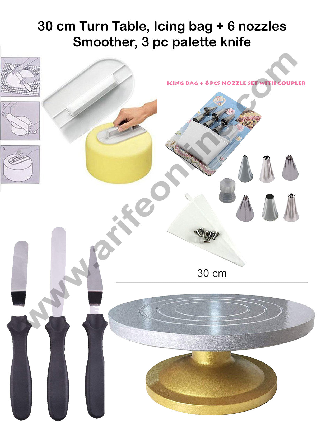 Cake Decor Combo - Turn Table 12 inch, Icing bag with 6 pcs Nozzle Set, 3 pc Palette Knife, Cake Smoother