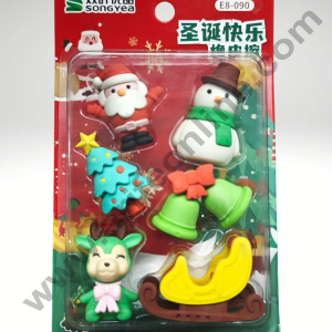 CAKE DECORβ’ 6 Piece Christmas Theme Rubber Cake Topper with Mini Santa, Deer, Tree, Sleigh, Bells | Mini Christmas Eraser | Christmas Return Gifts