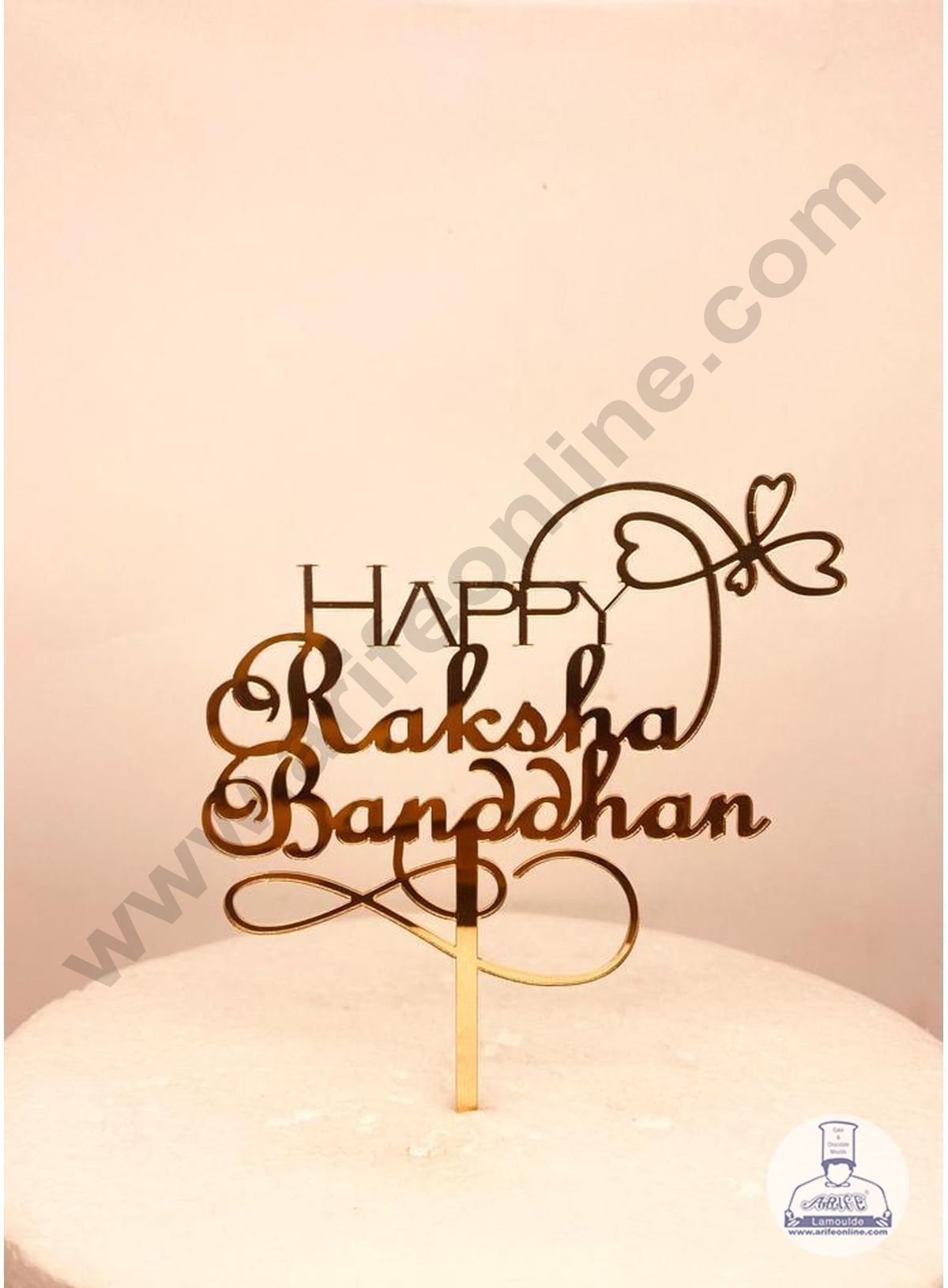 CAKE DECOR™ 5 inch Mirror Finshing Acrylic Cake Topper Happy Raksha Bandhan Rakhi With Multi Heart (SBMT-Rakhi-04)