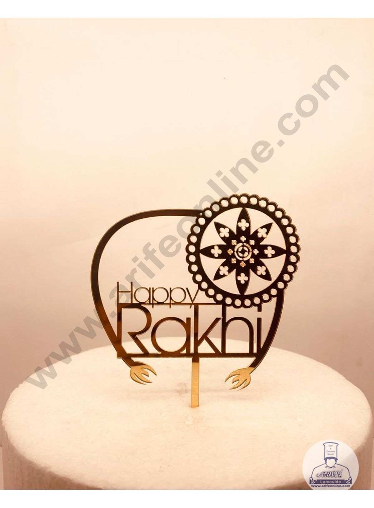 CAKE DECORβ’ 5 inch Mirror Finshing Acrylic Cake Topper Happy Raksha Bandhan Rakhi With Traditional Flower (SBMT-Rakhi-05)