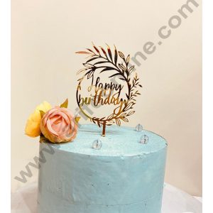 CAKE DECOR™ 5 inch Acrylic Happy Birthday with Leaf Cutout in Round Frame Cake Topper And Dessert Decoration (SBMT-1207)