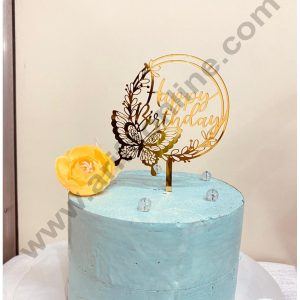 CAKE DECORβ’5 inch Acrylic Happy Birthday with Butterfly and Leaf Cutout in Round Frame Cake Topper And Dessert Decoration(SBMT-1203)