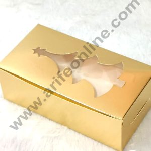 CAKE DECOR™ Golden Christmas Tree Cut-out Plum Cake Box Clear Window, Plum Carriers – Small 250 g ( 10 Pcs Pack)