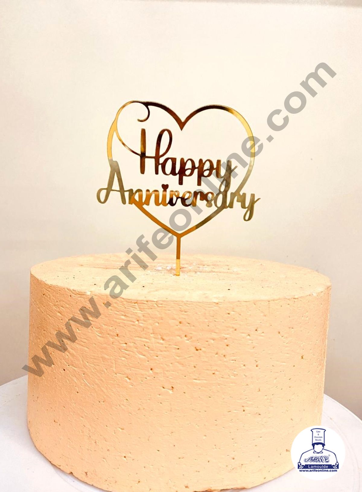 CAKE DECOR™ 5 inch Golden Acrylic Happy Anniversary with Heart Frame Cake Topper Cake Decoration