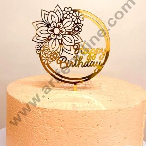 CAKE DECOR™ 5 inch Acrylic Gold Mirror Finishing Acrylic Stylish Happy Birthday Flowers Design Cake Topper