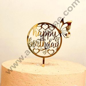 CAKE DECOR™ 5 inch Acrylic Gold Mirror Finishing Acrylic Stylish Happy Birthday Heart & ButterflyDesign Cake Topper