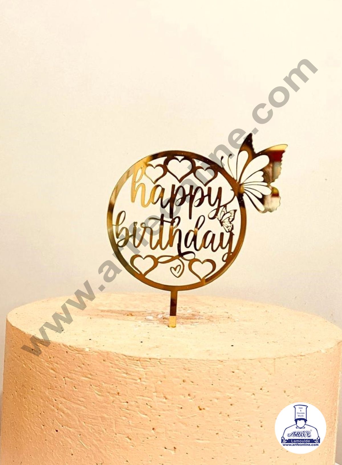 CAKE DECOR™ 5 inch Acrylic Gold Mirror Finishing Acrylic Stylish Happy Birthday Heart & ButterflyDesign Cake Topper