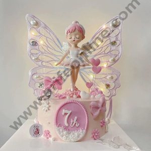 CAKE DECOR™ Elegant Ceramic Fairy Doll Cake Topper with Embroidered Butterfly Wings - Pink Purple