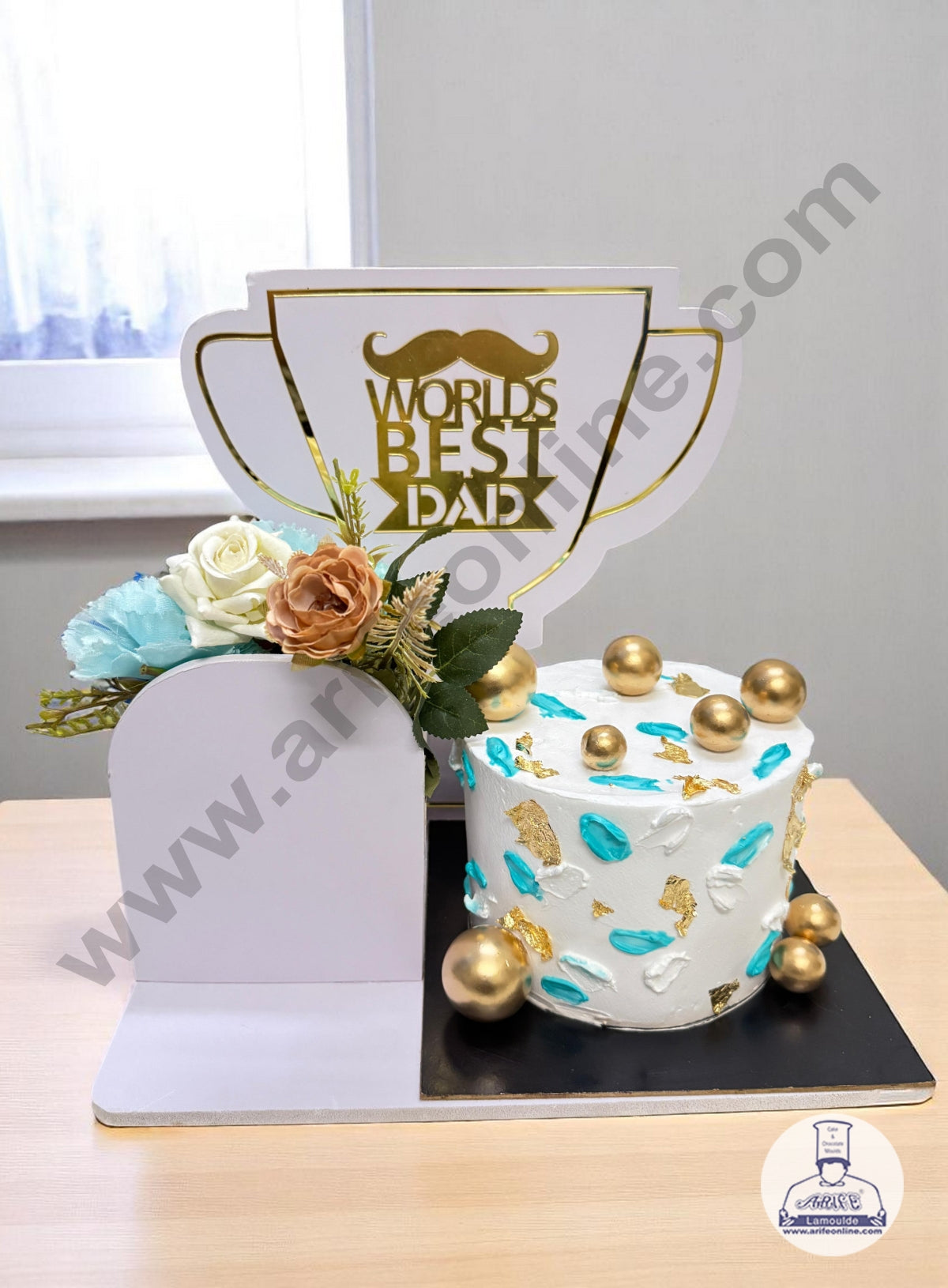 Father's Day Worlds Best Dad Gold Acrylic Design Cake and Flower Hamper Stand - CAKE DECORβ’