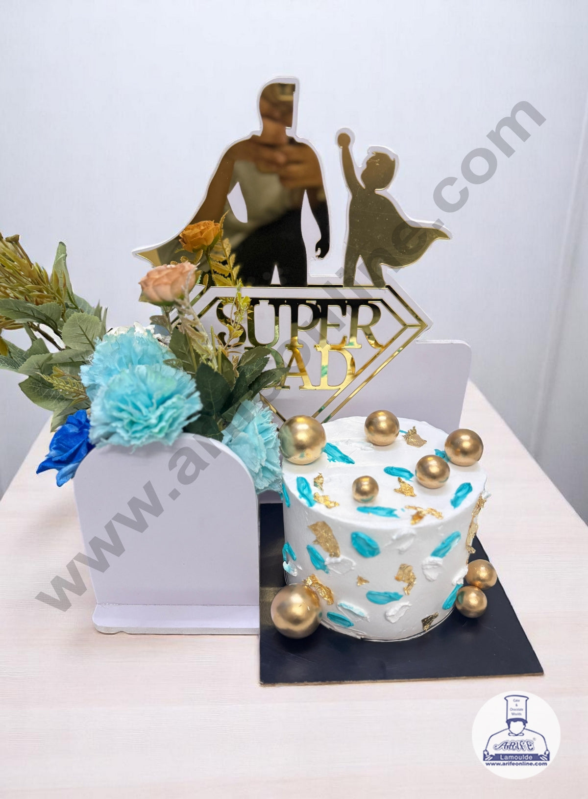Father's Day Super Dad Gold Acrylic Design Cake and Flower Hamper Stand - CAKE DECORβ’