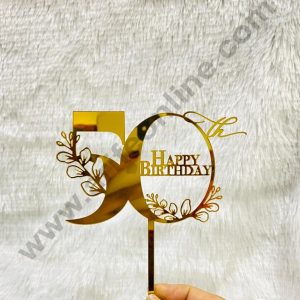 5 inch Acrylic Gold 50th Happy Birthday Floral Theme Design Cake Topper CAKE DECORβ’