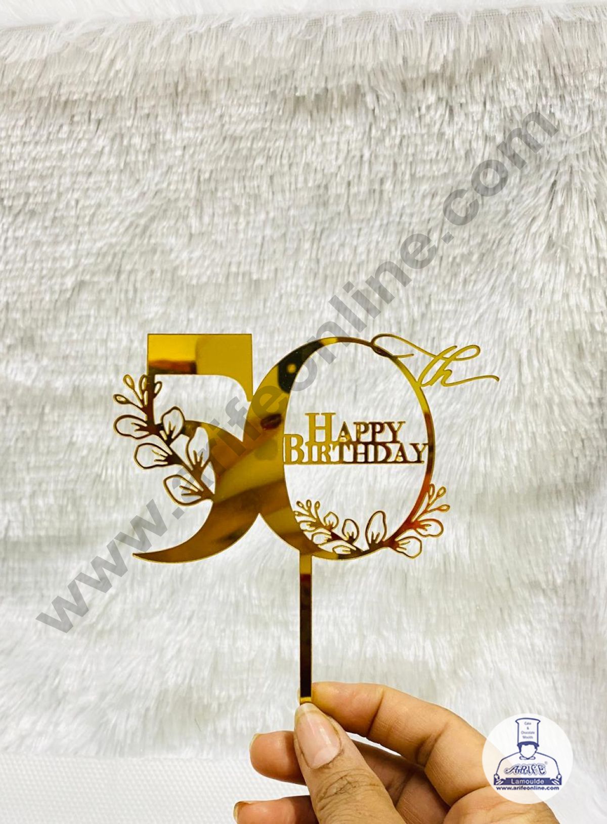 5 inch Acrylic Gold 50th Happy Birthday Floral Theme Design Cake Topper CAKE DECOR™