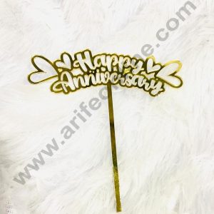 5 inch Acrylic Gold Happy Anniversary With Four Heart Design Cake Topper CAKE DECORβ’
