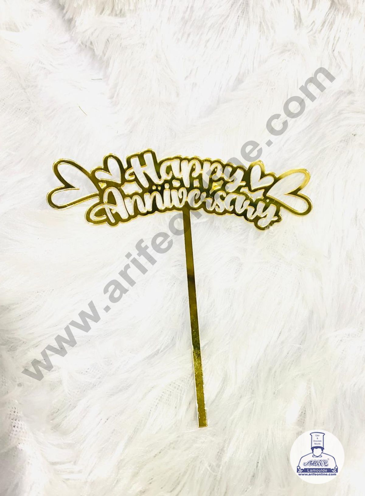 5 inch Acrylic Gold Happy Anniversary With Four Heart Design Cake Topper CAKE DECORβ’