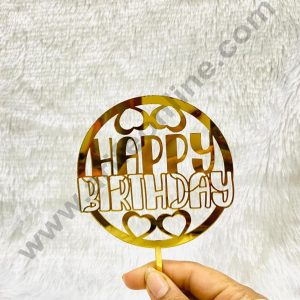 5 inch Round Acrylic Gold Happy Birthday with Four Hearts Design Cake Topper CAKE DECORβ’