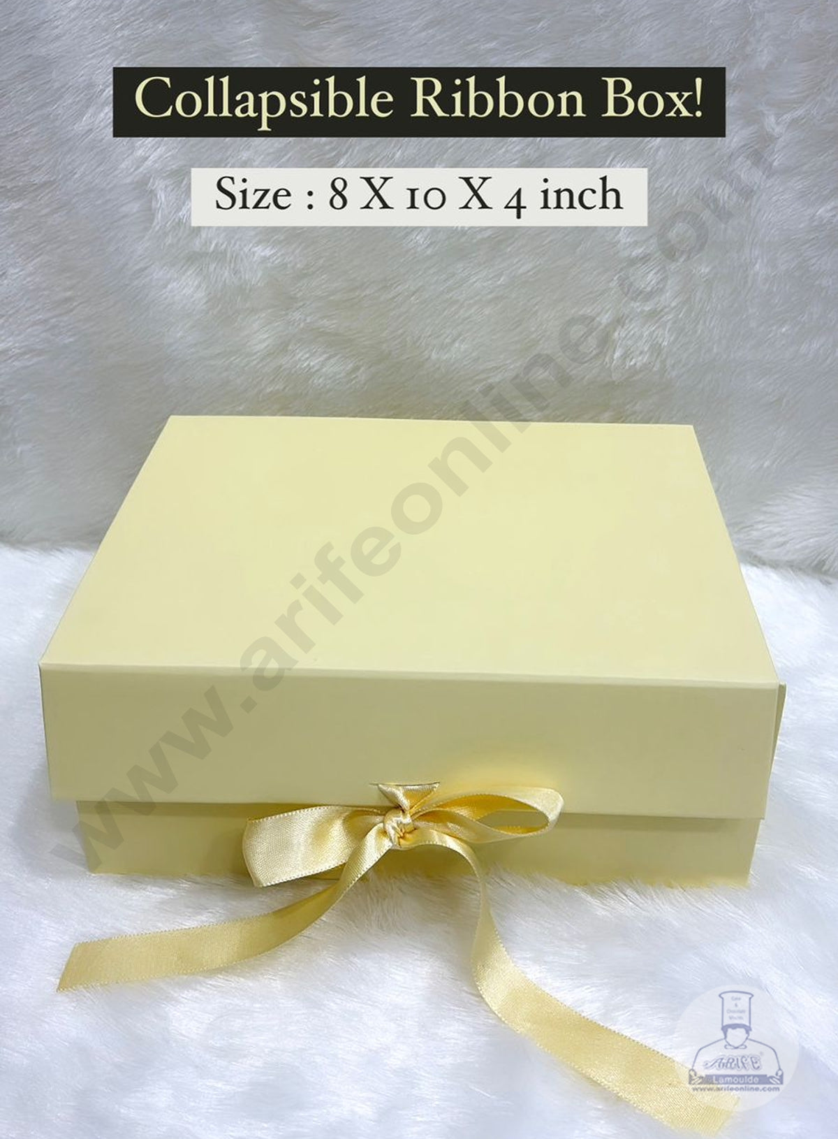 CAKE DECORβ’ Light Yellow Color Folding Hard Hamper Box with ribbon | 8X10X4 Inch | Gift Box | Present Box - 1 Pc | (SBBX-HFFB-D23)