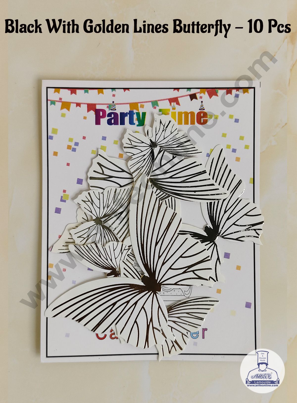 CAKE DECOR™ 10 Pcs White Butterfly With Golden Lines Paper Topper For Cake And Cupcake